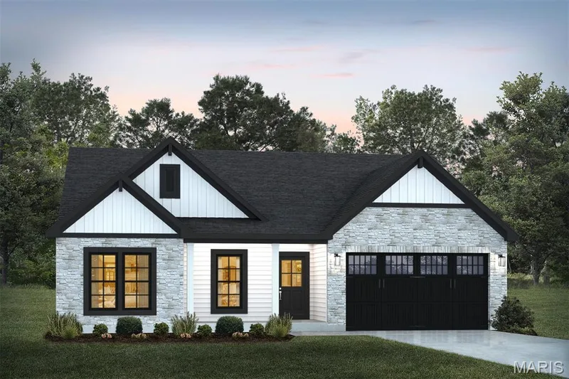 Modern farmhouse with stone siding, board and batten siding, driveway, and a garage — 1 TBB Rochester @ Creekside Sommers, O'Fallon, MO 63367
