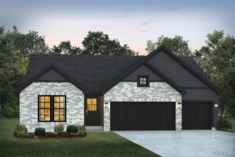Modern farmhouse style home with concrete driveway, a garage, board and batten siding, and brick siding — 1 TBB Westbrook @ Creekside Sommers, O'Fallon, MO 63367