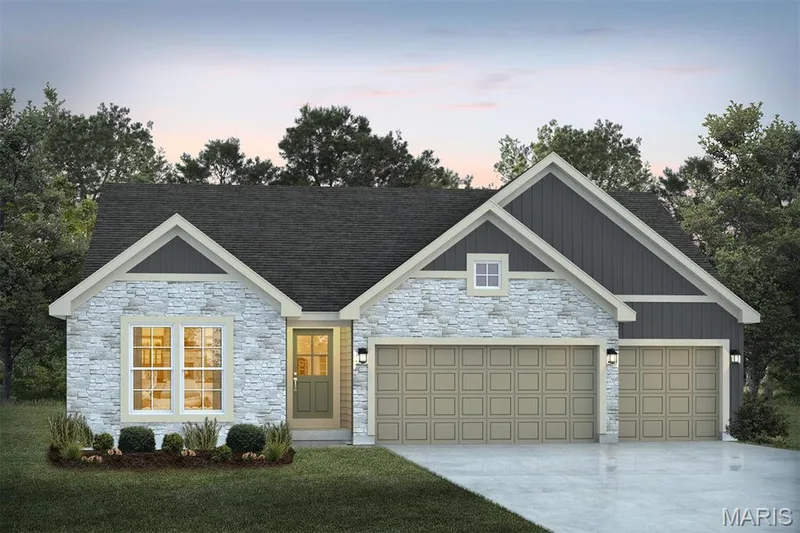 View of front of house featuring stone siding, driveway, an attached garage, and board and batten siding — 1 TBB Westbrook @ Creekside Sommers, O'Fallon, MO 63367