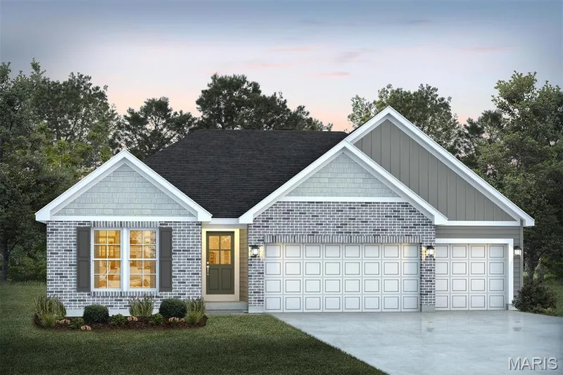 Ranch-style home featuring concrete driveway, brick siding, an attached garage, board and batten siding, and a front lawn — 1 TBB Westbrook @ Creekside Sommers, O'Fallon, MO 63367