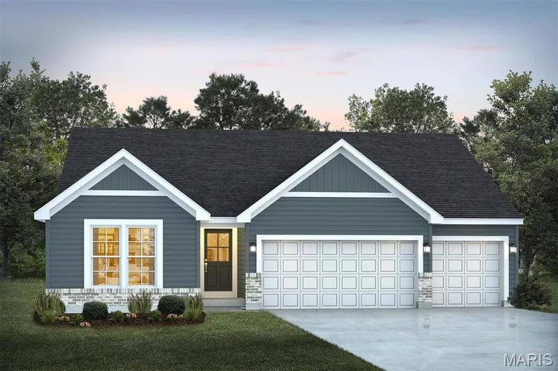 Single story home with concrete driveway, an attached garage, roof with shingles, and a lawn — 1 TBB Westbrook @ Creekside Sommers, O'Fallon, MO 63367