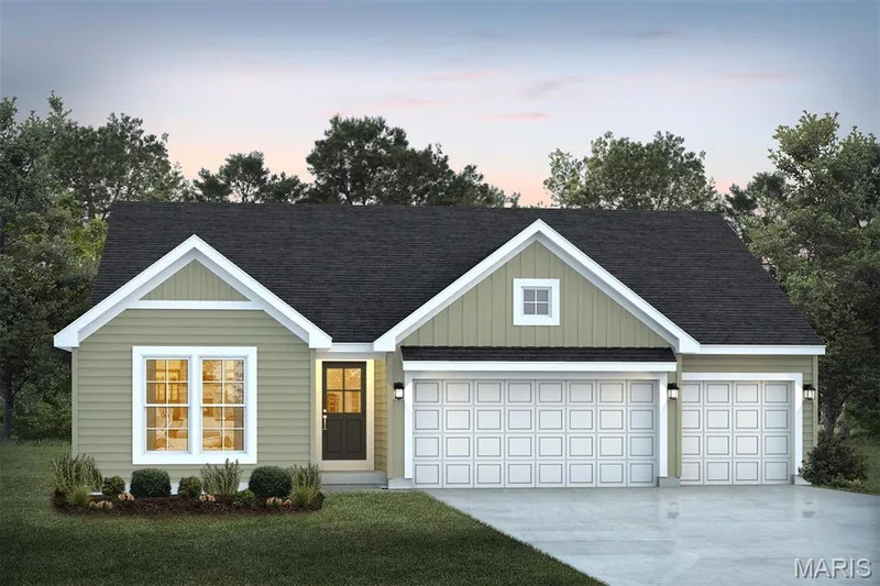 Ranch-style home with concrete driveway, roof with shingles, an attached garage, board and batten siding, and a front lawn — 1 TBB Westbrook @ Creekside Sommers, O'Fallon, MO 63367