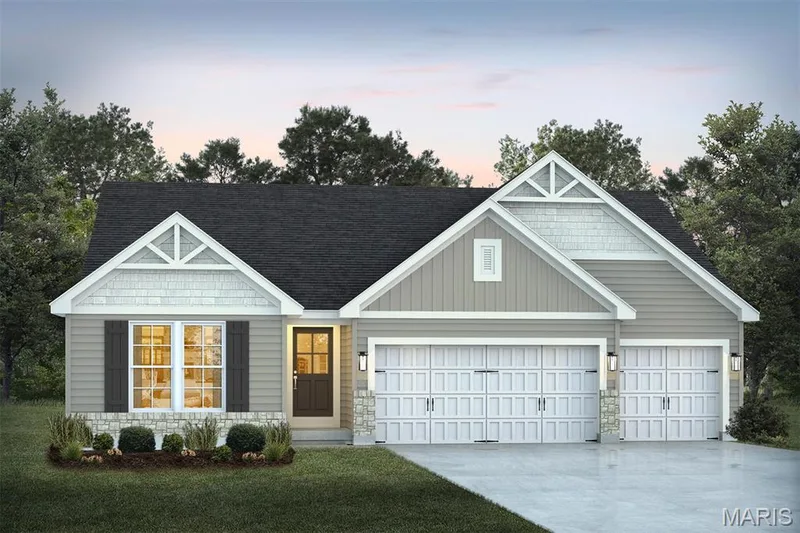 View of front facade with concrete driveway, stone siding, board and batten siding, and a garage — 1 TBB Westbrook @ Creekside Sommers, O'Fallon, MO 63367