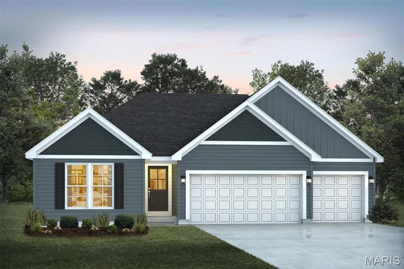 Single story home with driveway, a garage, board and batten siding, and a yard — 1 TBB Westbrook @ Creekside Sommers, O'Fallon, MO 63367