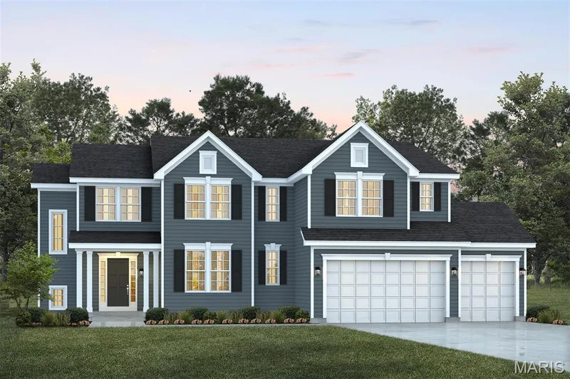 View of front of property featuring concrete driveway, an attached garage, a lawn, and roof with shingles — 1 TBB Kingston @Willow Grove, Dardenne Prairie, MO 63368