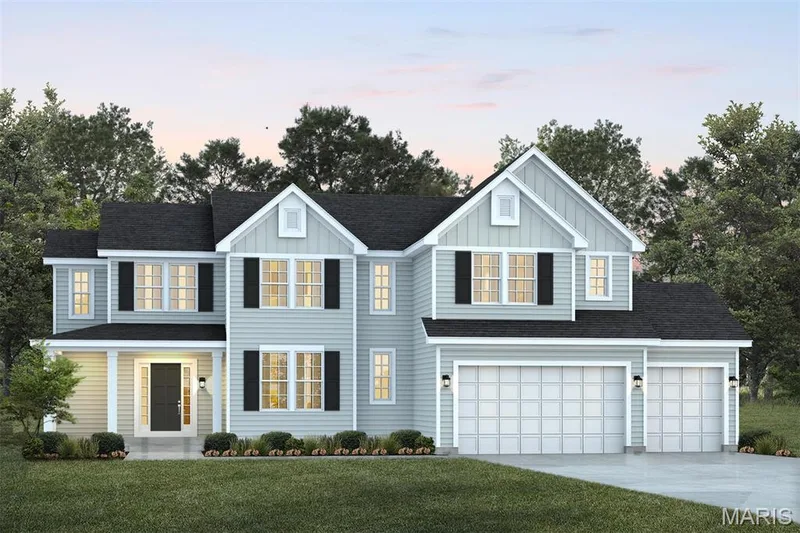 View of front of house featuring board and batten siding, concrete driveway, a shingled roof, a lawn, and a garage — 1 TBB Kingston @Willow Grove, Dardenne Prairie, MO 63368