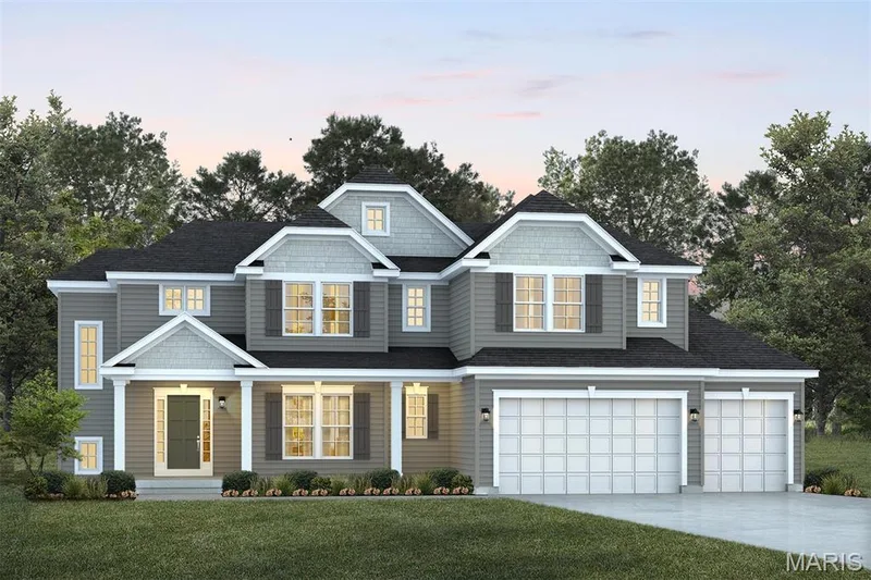 View of front of house with a porch, concrete driveway, a garage, and a lawn — 1 TBB Kingston @Willow Grove, Dardenne Prairie, MO 63368