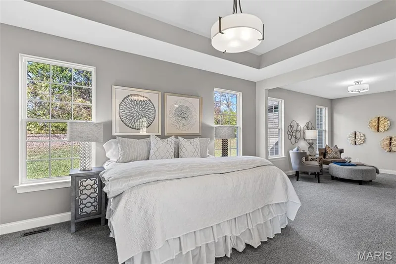 Bedroom with carpet and a tray ceiling — 1 TBB Kingston @ Chateau De Fond Du Lac, Lake St. Louis, MO 63367