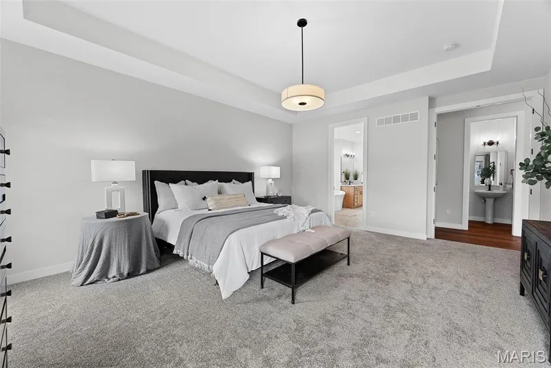 Bedroom featuring a raised ceiling and light carpet — 1 TBB Bridgeport @ Chateau De Fond Du Lac, Lake St. Louis, MO 63367