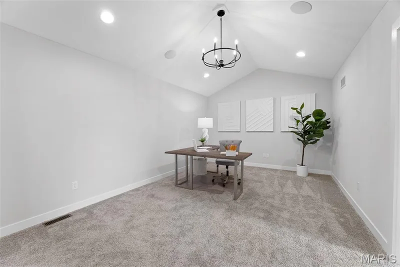 Home office with vaulted ceiling, light carpet, a chandelier, and recessed lighting — 1 TBB Bridgeport @ Chateau De Fond Du Lac, Lake St. Louis, MO 63367