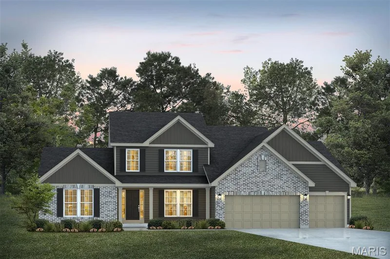View of front of property with concrete driveway, a porch, a lawn, a shingled roof, and a garage — 1 TBB Bridgeport @ Chateau De Fond Du Lac, Lake St. Louis, MO 63367