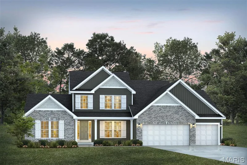 View of front of home with concrete driveway, a porch, board and batten siding, a lawn, and an attached garage — 1 TBB Bridgeport @ Chateau De Fond Du Lac, Lake St. Louis, MO 63367