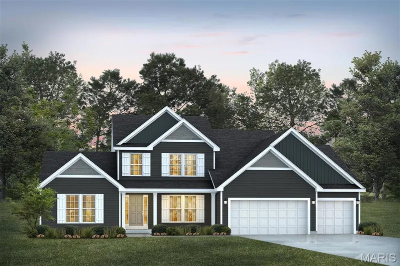 View of front of property with concrete driveway, a front yard, board and batten siding, and roof with shingles — 1 TBB Bridgeport @ Chateau De Fond Du Lac, Lake St. Louis, MO 63367