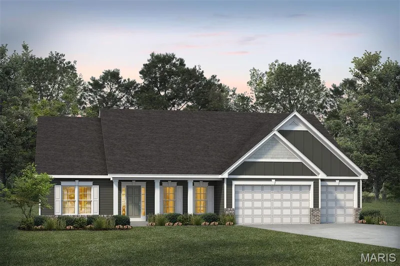 View of front facade with board and batten siding, concrete driveway, a lawn, covered porch, and a garage — 1 TBB Monaco @ Chateau De Fond Du Lac, Lake St. Louis, MO 63367
