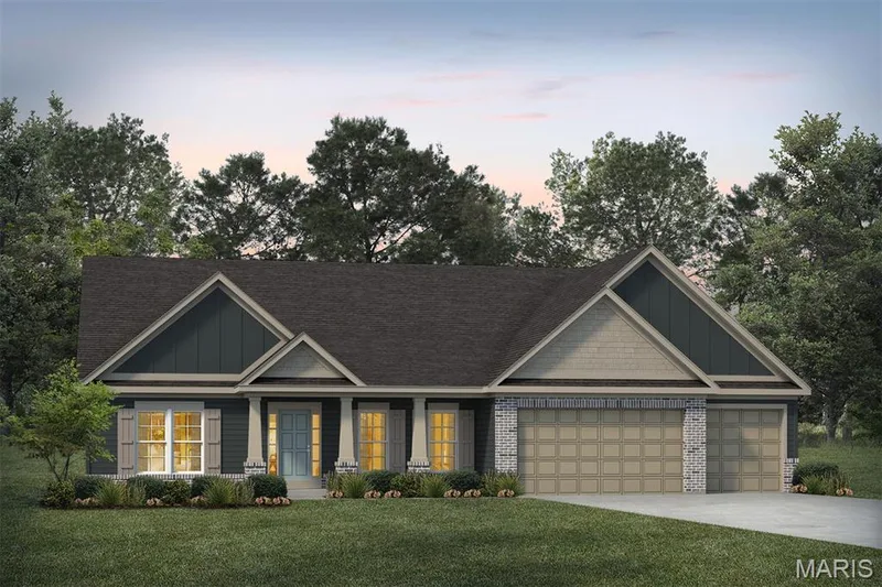Craftsman inspired home featuring board and batten siding, a porch, a front yard, driveway, and an attached garage — 1 TBB Monaco @ Chateau De Fond Du Lac, Lake St. Louis, MO 63367