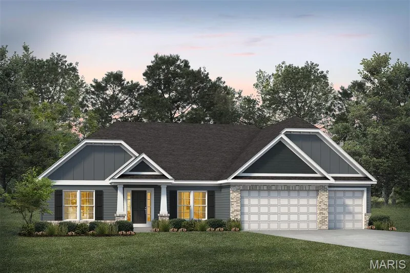 Craftsman inspired home featuring board and batten siding, a yard, driveway, a porch, and an attached garage — 1 TBB Monaco @ Chateau De Fond Du Lac, Lake St. Louis, MO 63367