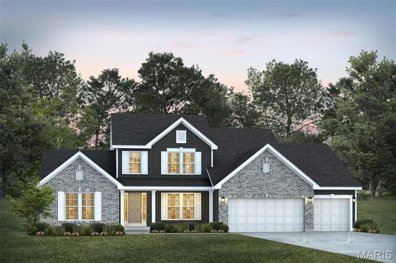 Traditional-style house featuring concrete driveway, a lawn, a garage, a porch, and roof with shingles — 1 TBB Bridgeport @Willow Grove, Dardenne Prairie, MO 63368