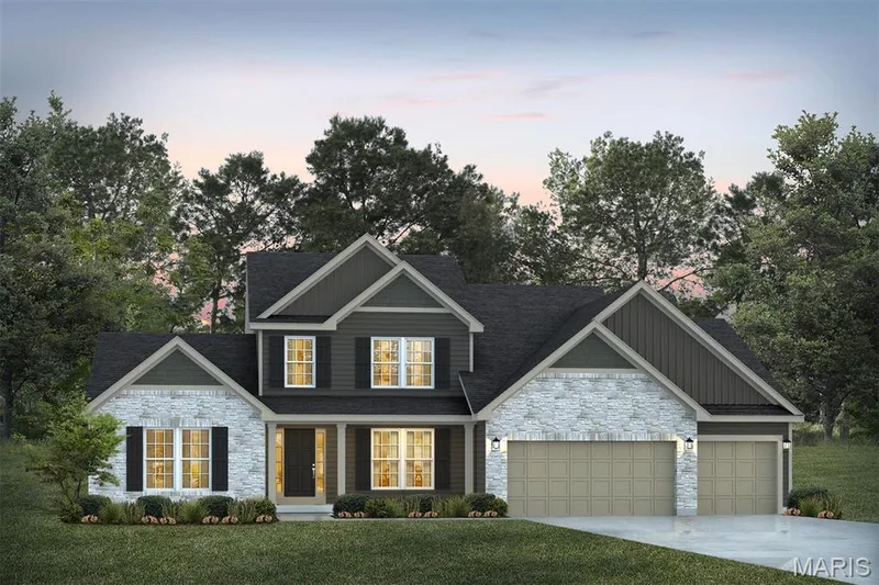 Craftsman-style home with stone siding, a porch, driveway, and a front lawn — 1 TBB Bridgeport @Willow Grove, Dardenne Prairie, MO 63368