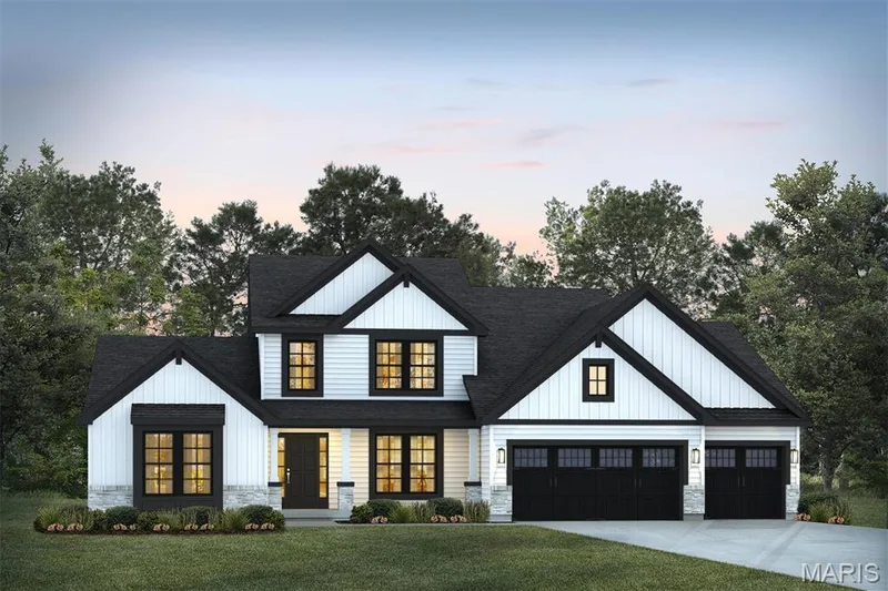 Modern farmhouse style home featuring concrete driveway, a shingled roof, and a lawn — 1 TBB Bridgeport @Willow Grove, Dardenne Prairie, MO 63368