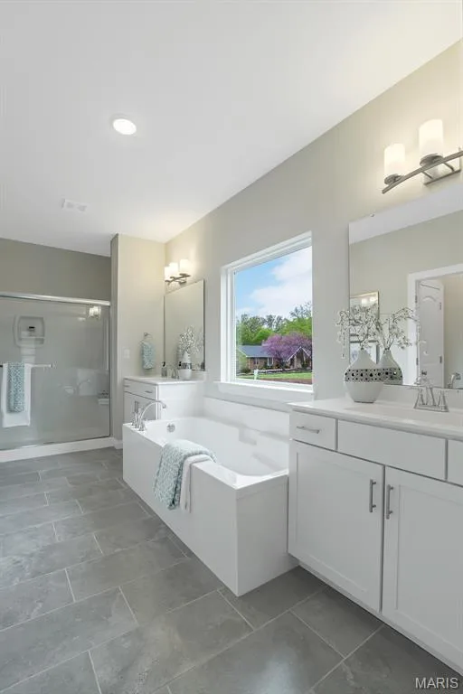 Full bathroom with a garden tub, a shower stall, vanity, and recessed lighting — 1 TBB Waverly @ Chateau De Fond Du Lac, Lake St. Louis, MO 63367