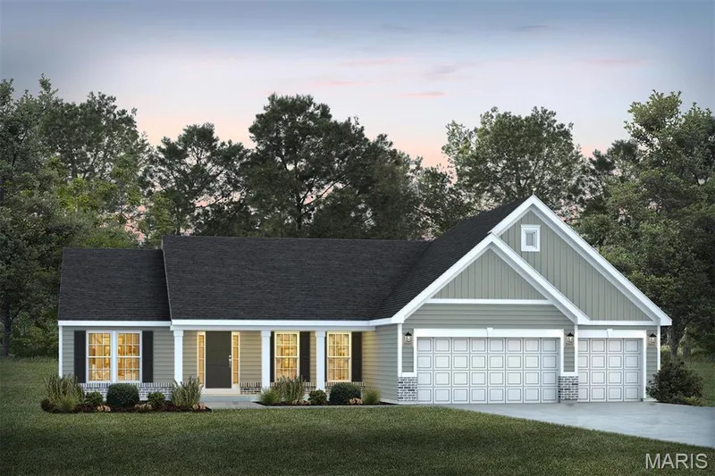 View of front of house featuring a porch, driveway, board and batten siding, a shingled roof, and a front lawn — 1 TBB Waverly @ Chateau De Fond Du Lac, Lake St. Louis, MO 63367