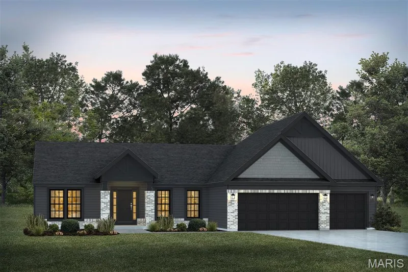 Modern farmhouse style home featuring stone siding, an attached garage, concrete driveway, a front yard, and a shingled roof — 1 TBB Waverly @ Chateau De Fond Du Lac, Lake St. Louis, MO 63367