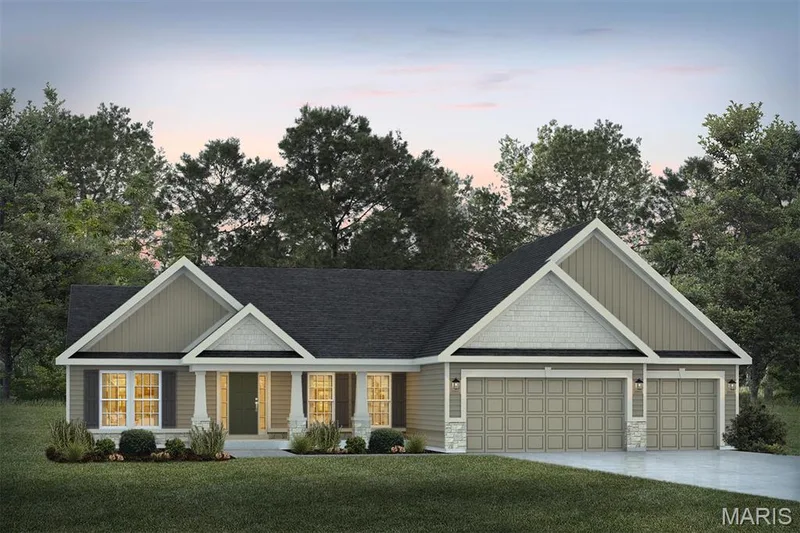 Craftsman-style home featuring covered porch, board and batten siding, a garage, a lawn, and a shingled roof — 1 TBB Waverly @ Chateau De Fond Du Lac, Lake St. Louis, MO 63367