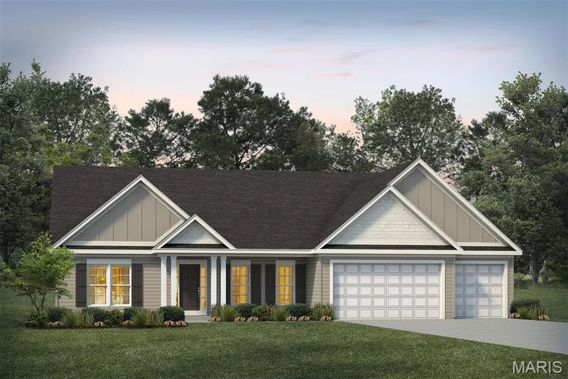 View of front of property featuring board and batten siding, covered porch, a garage, a front yard, and concrete driveway — 1 TBB Monaco @Willow Grove, Dardenne Prairie, MO 63368