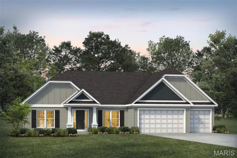 View of front of home with board and batten siding, a front yard, driveway, covered porch, and a garage — 1 TBB Monaco @Willow Grove, Dardenne Prairie, MO 63368