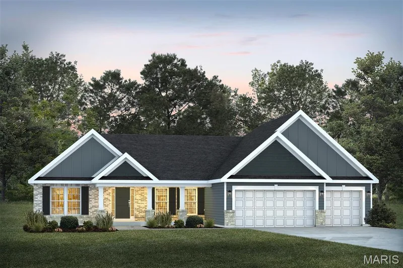 Craftsman inspired home with board and batten siding, a garage, a front lawn, driveway, and a porch — 1 TBB Waverly @Willow Grove, Dardenne Prairie, MO 63368