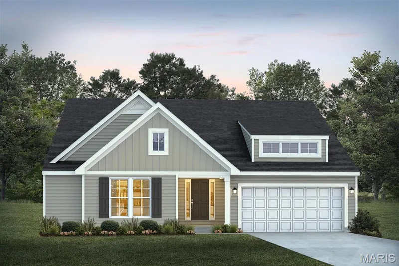 View of front of home with board and batten siding, a front yard, driveway, and a shingled roof — 1 TBB Edgewood @Willow Grove, Dardenne Prairie, MO 63368
