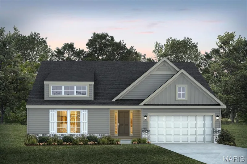 View of front of house featuring roof with shingles, driveway, board and batten siding, and a front lawn — 1 TBB Edgewood @Willow Grove, Dardenne Prairie, MO 63368