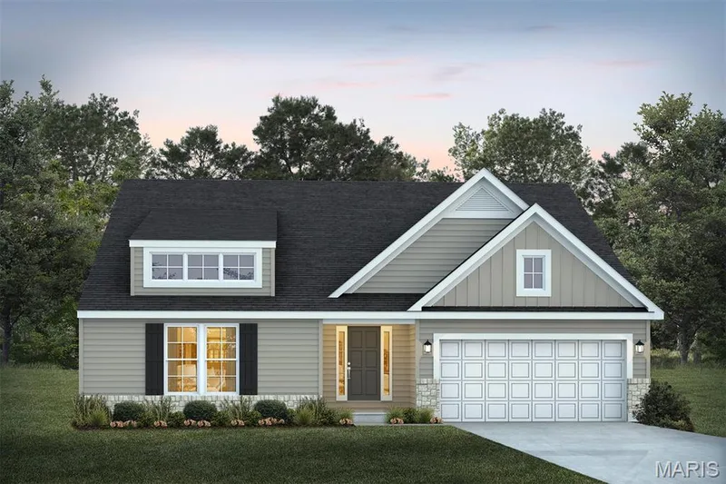 View of front of house with a shingled roof, concrete driveway, and a front yard — 1 TBB Edgewood @Willow Grove, Dardenne Prairie, MO 63368
