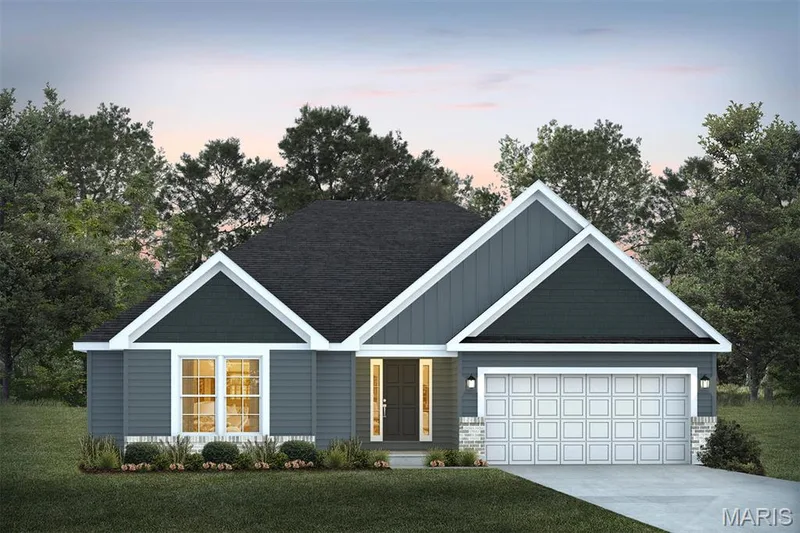 View of front facade with board and batten siding, a yard, concrete driveway, and a garage — 1 TBB Edgewood @Willow Grove, Dardenne Prairie, MO 63368