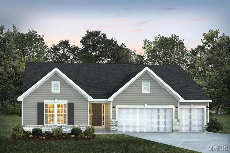 View of front of property with concrete driveway, an attached garage, a yard, and a shingled roof — 1 TBB Canterbury@ Willow Grove, Dardenne Prairie, MO 63368