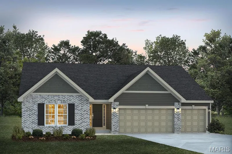 View of front facade with concrete driveway, a garage, brick siding, and a front yard — 1 TBB Canterbury@ Willow Grove, Dardenne Prairie, MO 63368