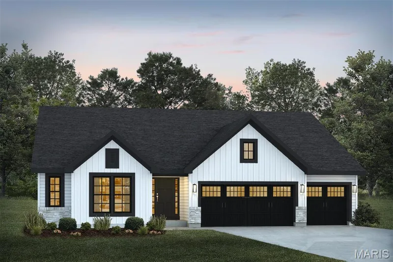 Modern inspired farmhouse featuring a shingled roof, driveway, board and batten siding, and a yard — 1 TBB Canterbury@ Willow Grove, Dardenne Prairie, MO 63368