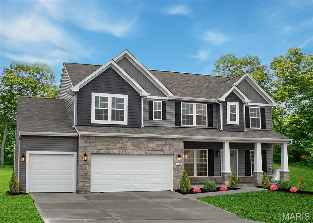 Craftsman-style home featuring a front lawn, board and batten siding, concrete driveway, and stone siding — 1 TBB Princeton @Willow Grove, Dardenne Prairie, MO 63368
