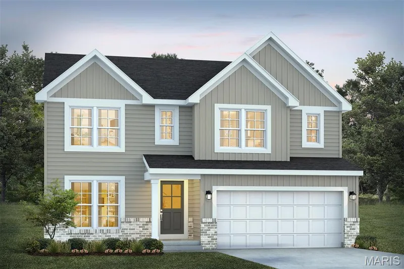 View of front facade with a shingled roof, concrete driveway, and a garage — 1 TBB Barkley @ Creekside Sommers, O'Fallon, MO 63367
