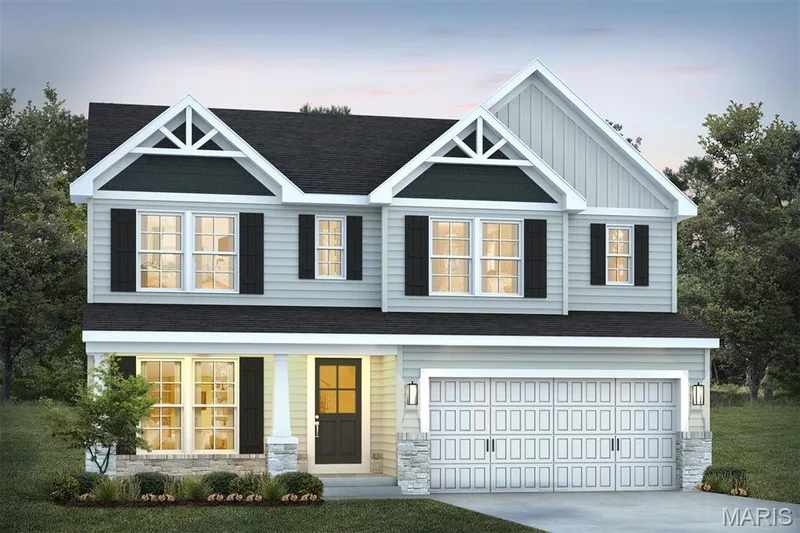 Craftsman-style house with stone siding, board and batten siding, driveway, and a garage — 1 TBB Barkley @ Creekside Sommers, O'Fallon, MO 63367