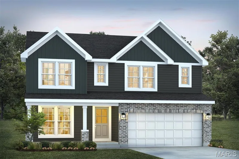 View of front of home with a porch, a garage, driveway, and board and batten siding — 1 TBB Barkley @ Creekside Sommers, O'Fallon, MO 63367