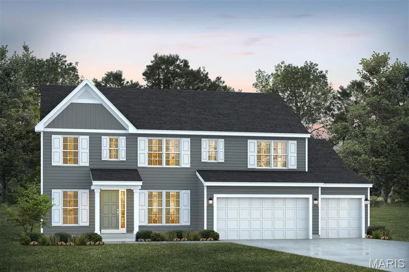 Traditional-style home with driveway, a front lawn, roof with shingles, and a garage — 1 TBB Princeton @ Creekside Sommers, O'Fallon, MO 63367