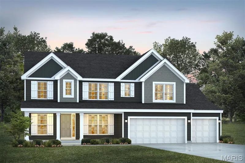 View of front of property featuring driveway, a front lawn, a porch, an attached garage, and roof with shingles — 1 TBB Princeton @ Creekside Sommers, O'Fallon, MO 63367