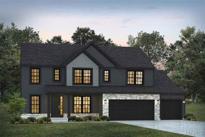 Modern inspired farmhouse with driveway, roof with shingles, a front lawn, and a garage — 1 TBB Princeton @ Creekside Sommers, O'Fallon, MO 63367