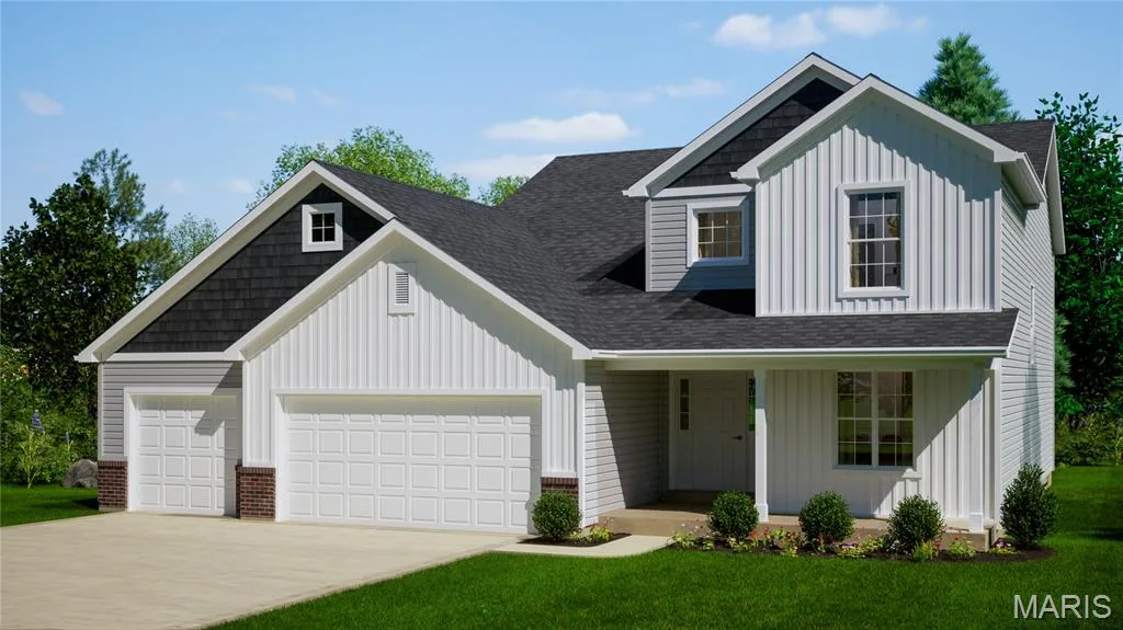 View of front of property with board and batten siding, covered porch, concrete driveway, and a shingled roof — 3 The Grayson II at Arbor Valley, Wentzville, MO 63385