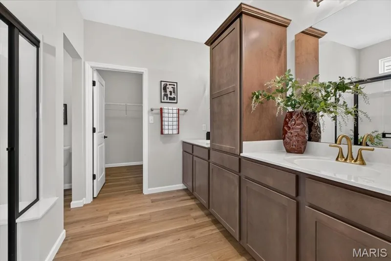 The beautifully appointed primary bath offers a double-bowl vanity, elegant cabinetry, a large walk-in shower with designer tile surround, and a spacious walk-in closet, creating the perfect blend of style and functionality. — 86 River Wind Drive, St Charles, MO 63301