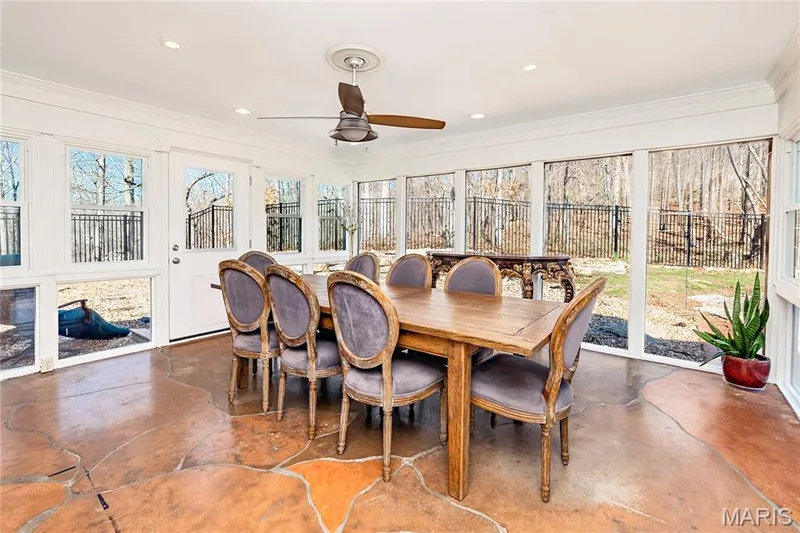 Lovely views of nature and the woods. Five new windows and recessed lighting make this a nice bright area. Custom flooring in this room. — 4600 Cliff Forest Drive, Wildwood, MO 63069