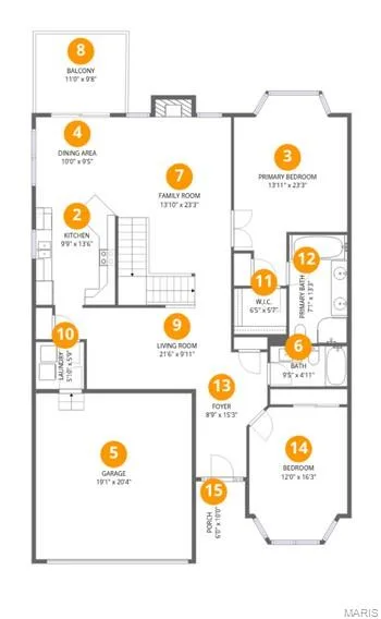 Floorplan Main Level showing main floor primary bedroom, secondary bedroom or office and main floor laundry. — 197 Woodland Place Court, St Charles, MO 63303