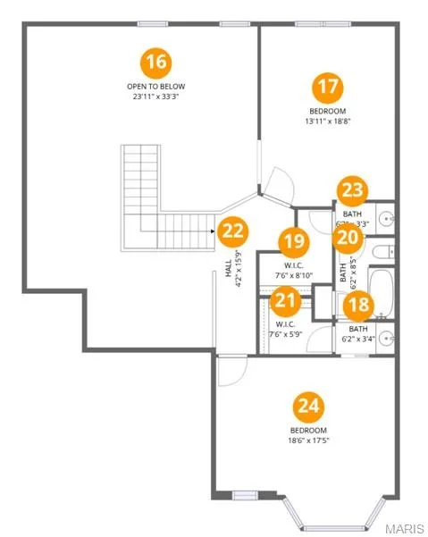 Second level floorplan showing versitile guest bedrooms and additional space. — 197 Woodland Place Court, St Charles, MO 63303