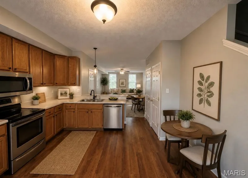 Well-appointed kitchen featuring wood-finish cabinetry, stainless steel appliances, a double basin sink, and ample countertop space — 3245 Domain Street, St Charles, MO 63301